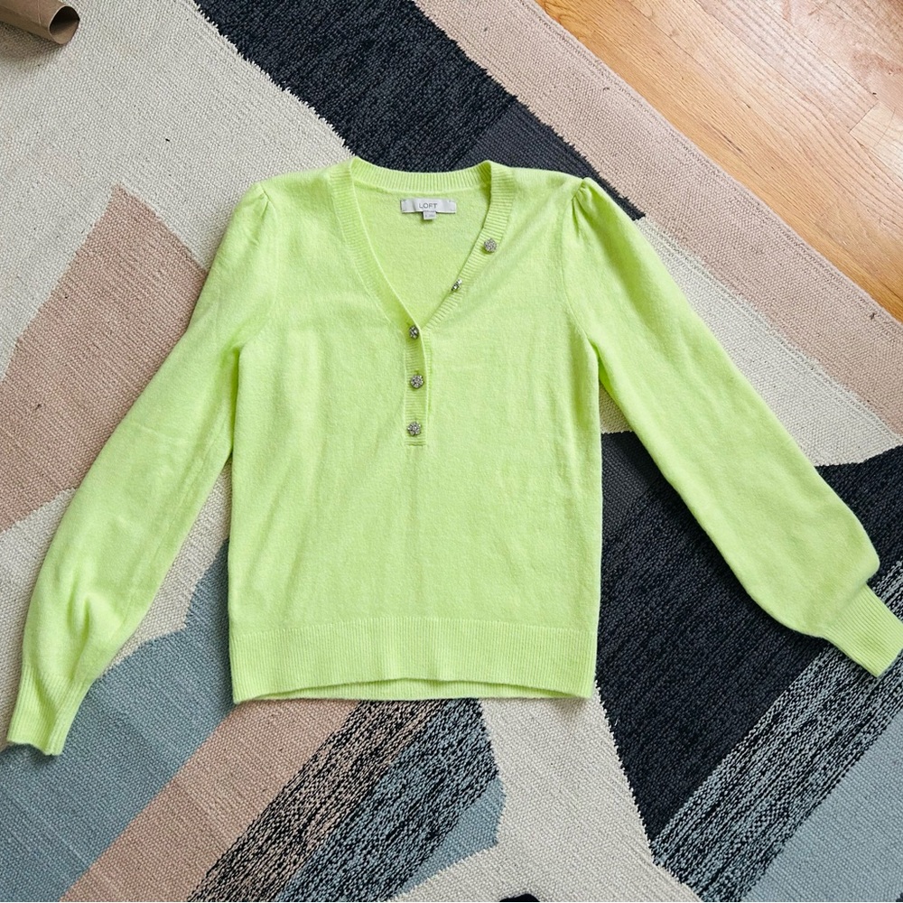 LOFT rhinestone button puff sleeve sweater